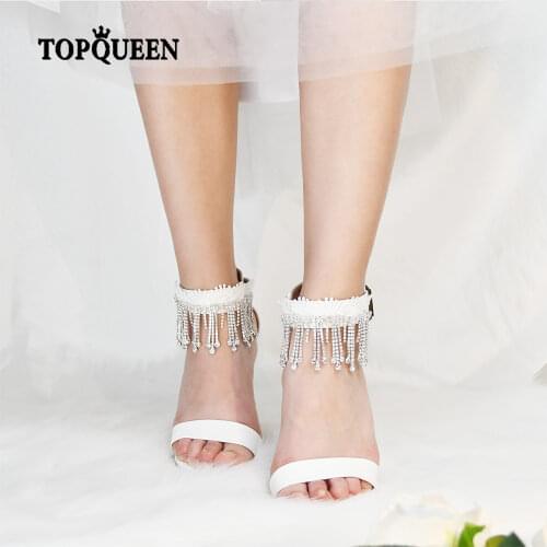 TOPQUEEN-A22 Anklets Sandals Open Toe Bridal Wedding Shoes Fashion Tassel Rhinestone High Heels Party Evening Dress Pinkage