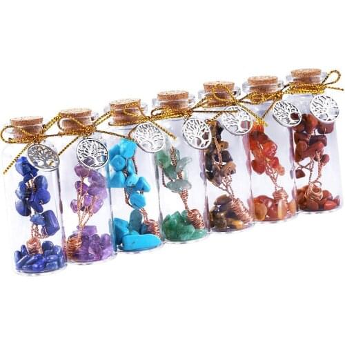 TUMBEELLUWA 1Set(7Pc)7 Chakra Crystal Wishing Bottles,Wire Wrapped Tree of Life Tumbled Stone Collection Kit for Wish Luck Decor