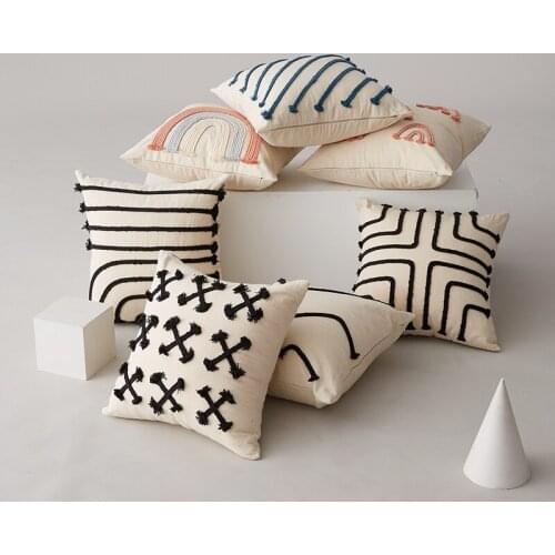Home Decoration Rainbow Cushion Cover Black Stripe Pillow Cover Rope Embroidery Pink 45x45cm for Living Room Bed Room