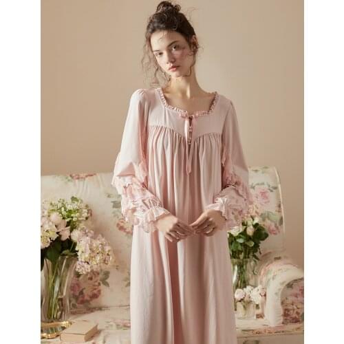 Hanxiuju Vintage Long Nightshirts For Women Royal Princess Delicate Lace Sleeve Loose Solid Color Sweet Sleepwear Home Wear