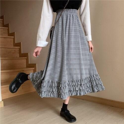 2021 New Women Spring Long Plaid Skirt Elastic High Waist Checkered Pattern Ruffle A-line School Girl Skirts