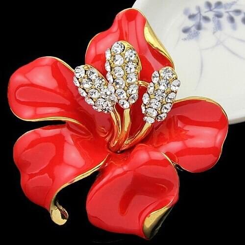 Red Color Enemal Flower Sparkly Cubic Zircon Crystals Women Party Elegant Brooch Gold Tone Bridal Dress Breastpin