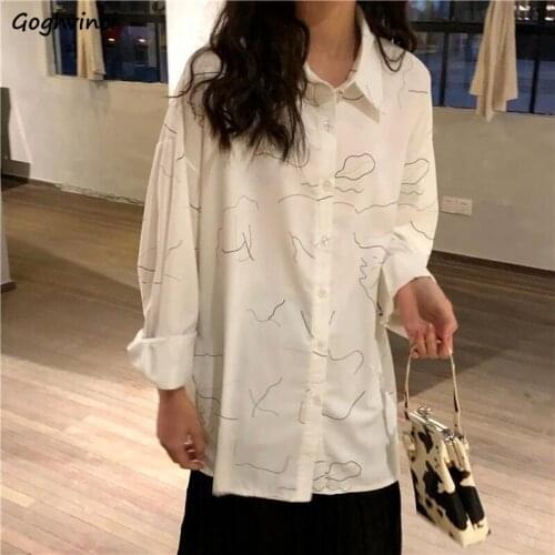 Shirts Women Retro Simple Line Printed Casual Long Sleeve Cozy Elegant Buttons Ins Office Lady Tops Designed Trendy All-match