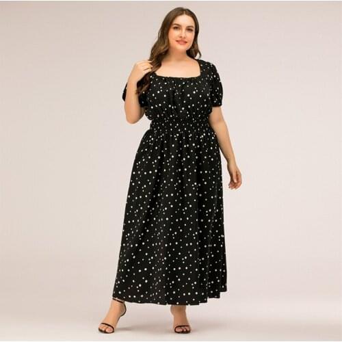 Dress Summer 2021 New Womens Square Collar Puff Sleeve Long Plus Size Womens Temperament Polka Dot Skirt