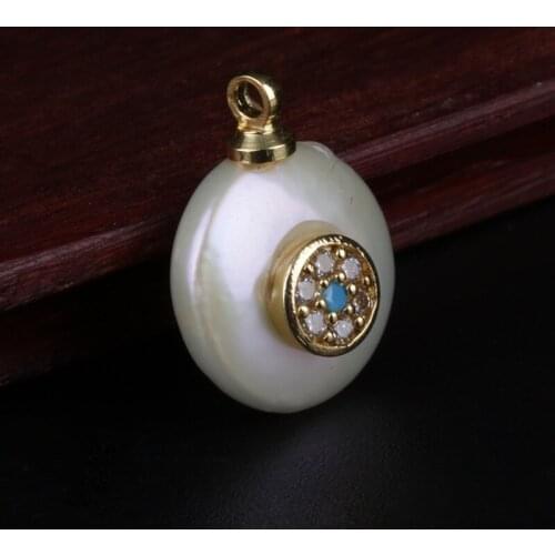 Gold micro paved blue white cz disc round charms real freshwater pearl bead pendant charm for diy jewelry making for choker