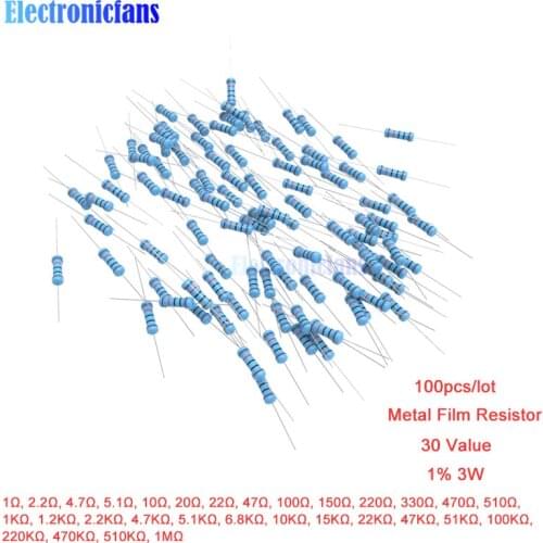 100pcs/lot Metal Film Resistor 1% 3W 1R 4.7R 10R 100R 220R 1K 2.2K 4.7K 6.8K 10K 22K 47K 100K 470K 1MΩ Ohm Resistance 1R-1MΩ