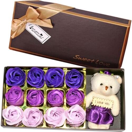 12pcs Rose Bath Body Flower Floral Soap Scented Rose Flower Wedding Valentines Day Decoration With Exquisite Bear Gift Box