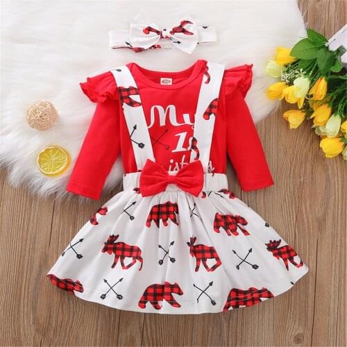 3Pcs Toddler Christmas Outfits Letters Print Long Sleeves Romper Top+Suspenders Skirt+Hairband for Baby Girls 0-18 Months