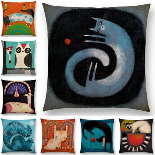 Abstract Fantasy Animals Painting Sofa Throw Pillow Case Dachshund Owl Cat Dog Squirrel Rabbit Fox Camel Elephant Cushion Cover