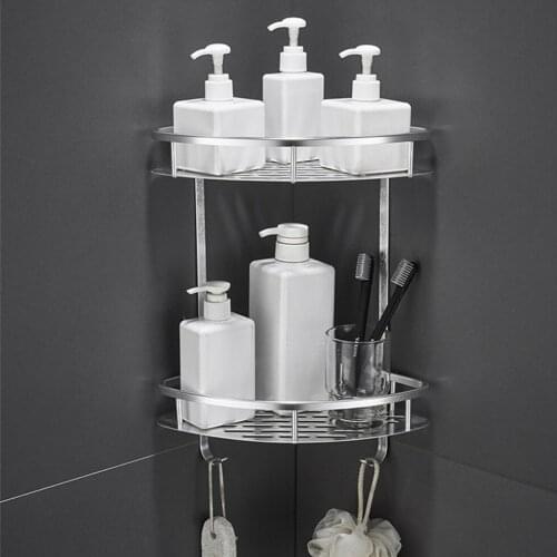 Bathroom Shelf Shower Caddy Aluminum Corner Wall Mounted Shelves Basket 2 Tiers Triangle Space Saver Shelf Holder with 2 Hooks