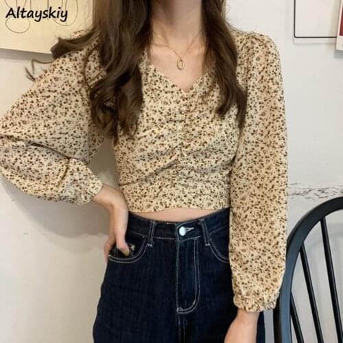 Blouses Women Bodycon Floral Sweet Korean Style Sexy Vintage Chic Cropped Female Spring Holiday Folds Popular Soft Elegant New