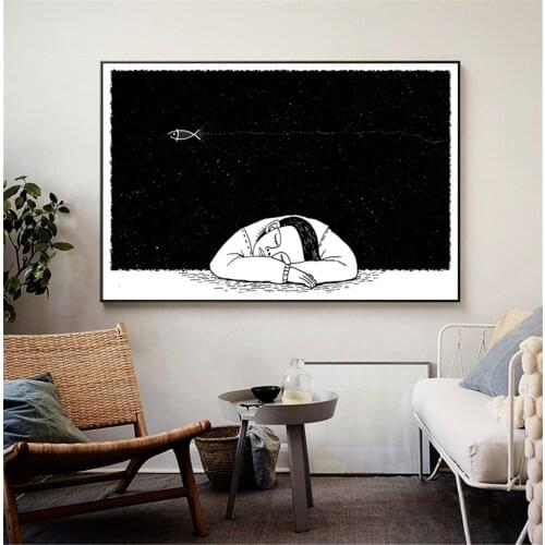 Black White Cartoon Thinking Knowledge Picture Poster Canvas Print Painting Wall Art Living Room Home Decoration