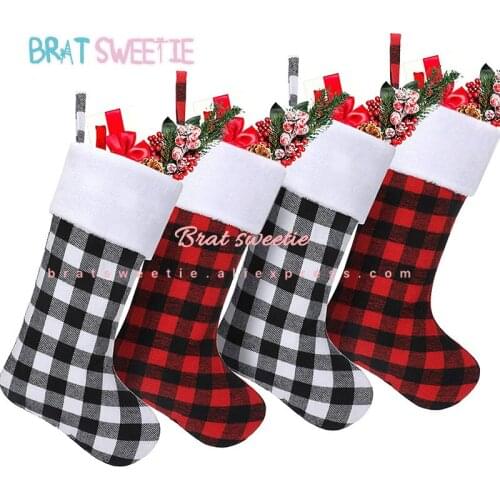 Red Buffalo Plaid Christmas Gift Stockings Bags Check Plush Stocking with Faux Fur Cuff for Christmas Tree Hanging Decorations