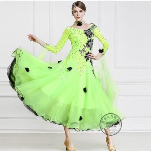 Customize elegant green color with black flower Fox trot Waltz tango salsa competition ballroom dance dress