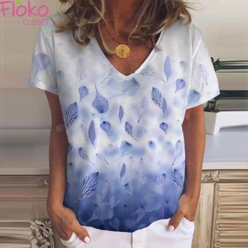 Flokocloset Casual Leaf Print V-neck Short Sleeve T-shirts Summer Loose Graphic Tops for Women