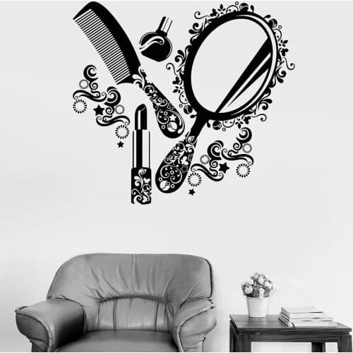 Make Up Tools Wall Sticker Women Cosmetic Vinyl Wall Decal Lipstick Comb Mirror Removable Stickers Beauty Salon Deocr AZ046
