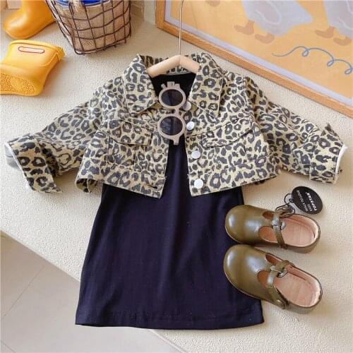 Baby Girl Costume 2021 Children Girls Leopard print coat + suspender Cotton dress 2pcs/set Princess Dresses Baby girls dress