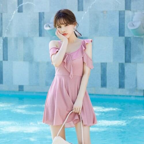 Swimsuit solid color hot spring swimsuit womens V-neck new Korean style belly covering sexy one-piece skirt swimwear bathe swim