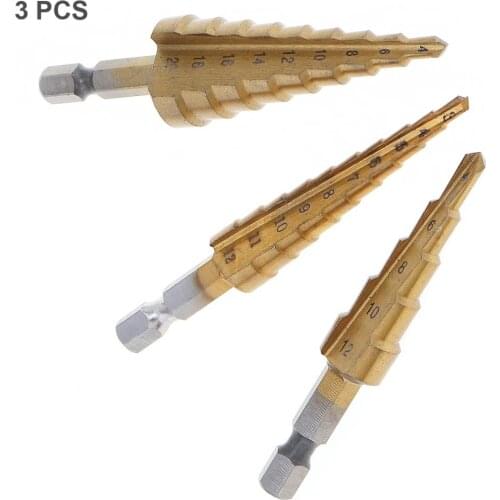 3pcs/lot 1 / 4 Inch Hex Shank HSS Mini Titanium Coated Step Drill Bit Set 3-12 / 4-12 / 4-20mm