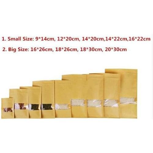 100pcs/lot-9size Zipper top Flat pouch Kraft paper bag with clear window for dried food nuts candy packaging Party Gift bags