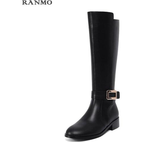 Knight Boots Womens Boots Side Zipper Fashion Belt Buckle High Boots Autumn and Winter Boots Low Heel Leather Boots Luxury Shoes