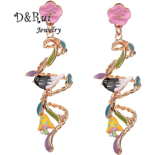 Hot Long Flower Dangle Earrings Hanging Chain Bird Jewelry Enamel Alloy Colorful Spiral Wave Drop Earring for Women Dress Girls