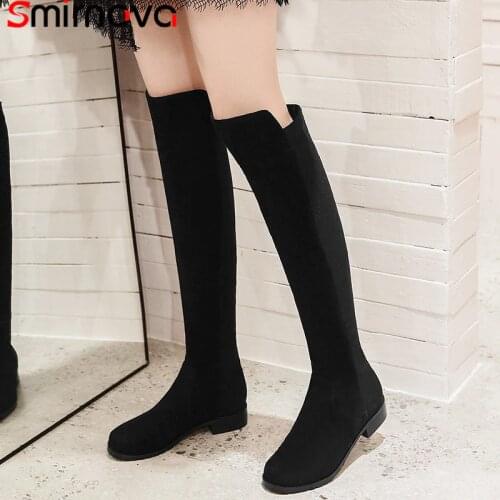Smirnova Big Size 33-43 knee high boots women round toe low heels boots stretch fabric+cow leather boots elegant ladies shoes
