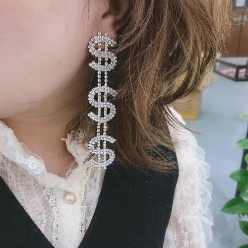 Lifefontier Unique Design US Dollar Charm Money Long Earrings Shiny Rhinestone Sign $ Drop Earrings for Women Jewelry Party Gift