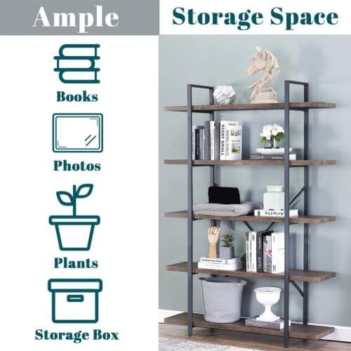 High Quality Metal Frame Rustic Farmhouse Storage Shelves Dark Brown Bookcase Large Storage Space for Living Room
