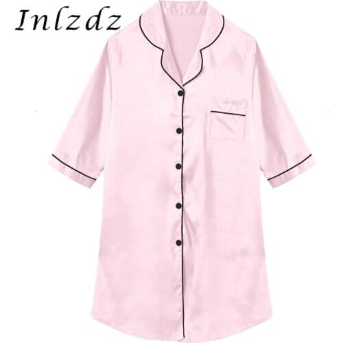 Womens Ladies Loungewear Nightgown Button Down Nightdress Spring Autumn Sleepshirts 3/4 Sleeve Notched Lapel Satin Shirtdress