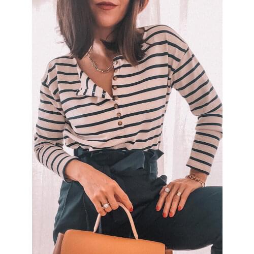 Striped T-Shirt 2021 Woman Spring Autumn Round Neck Buttons Long Sleeve Cotton Tshirt Female Vintage Chic Tunic Tops Versatile