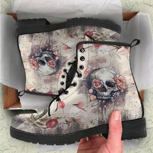 2021 Skull Women Ankle Boots Fashion Round Head Low Heels Shoes Woman Vintage Pu Leather Lace Up Autumn Warm Winter Snow Boots