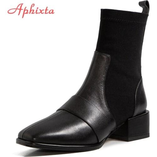 Aphixta Plus Big Szie 43 44 Socks Boots For Women Fashion Square Toe 6cm Square Heels Ankle Boots Slip-on Shoes Woman Boats