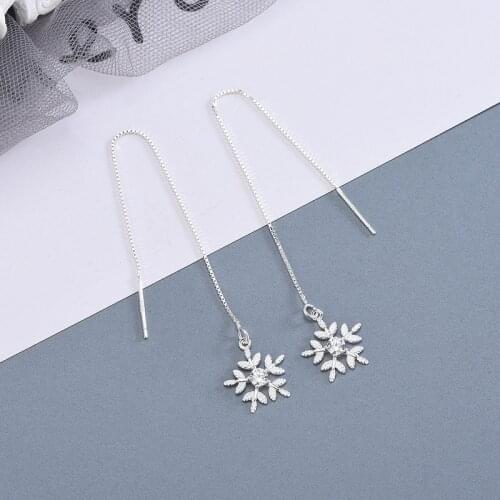 100% Real 925 Sterling Silver Snowflake Threader Earrings Long Chain Pull Through Earrings for Women Girls Christmas Gifts E0277