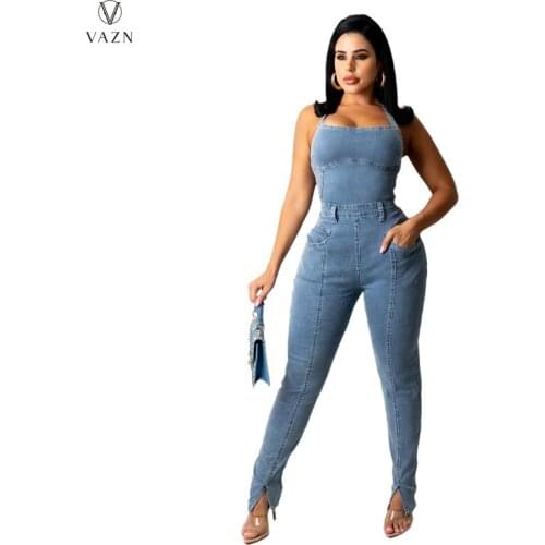 VAZN 2021 Autumn High-end Backless Halter Off Shoulder Open Solid Denim Jumpsuits Women High Waist Skinny Pencil Jumpsuits