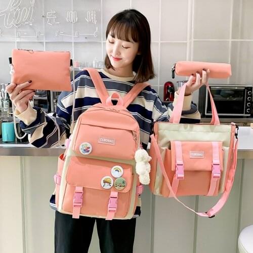 4 Pcs Set Harajuku Women Laptop Backpack Canvas School Bags For Teenage Girls Kawaii College Student Kids Book Bag Rucksack 2021