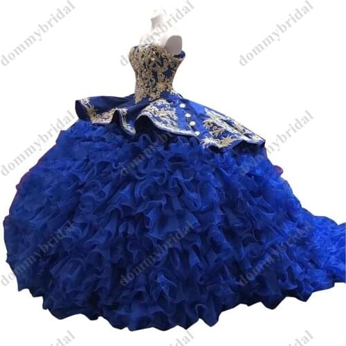 Sexy Royal Blue Ball Gown Ruffle Quinceanera Prom Formal Dresses Gold Embroidery Off Shoulders Satin Mexican 2022 XV Sweet 15 16