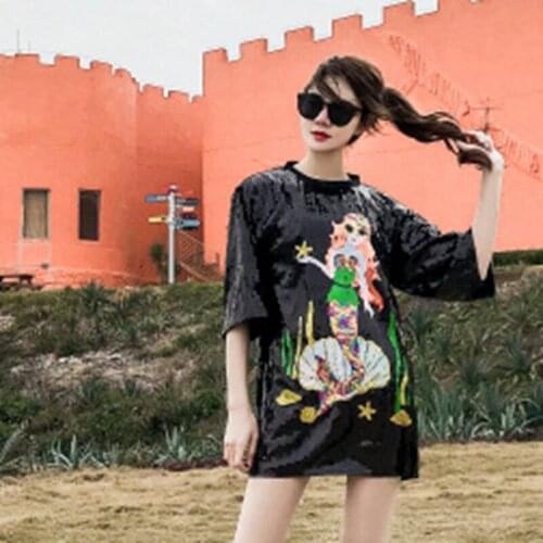 2020 Fashion The New Loose Cartoon Heavy Work Sequins Round Neck T-shirt Free Shipping