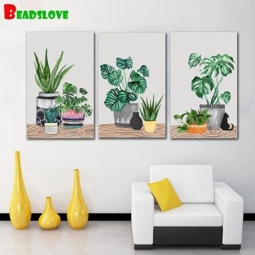 3 Pieces Nordic Green Potted plant Cactus Diy Diamond painting Vintage Kitchen Decor 5D Full Square Round Embroidery Mosaic