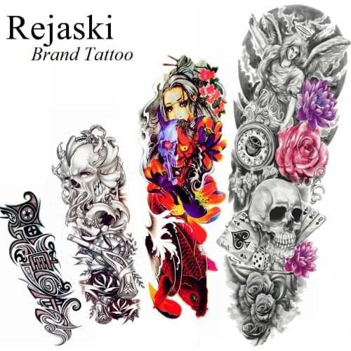 3D Watercolor Geisha Ghost Temporary Tattoo Stickers Bone Totem Women Party Tattoo Men Black Full Arm Fake Tatoos Large Goldfish