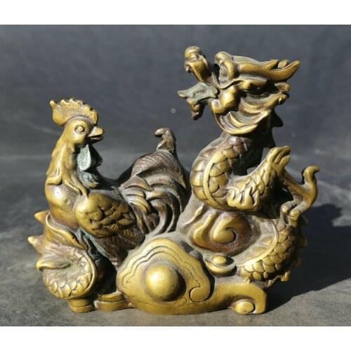 5.5" Chinese Fengshui Bronze odiac Animal Rooster Cock Dragon Ruyi Wealth Statue