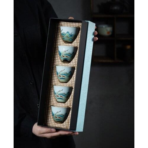 5 Tea Cups Set Kung Fu Tea Cup TeaCup Fragrance-Smelling Cup Business Gift Box Small Ceramic Cups Bowl Teacups Kung Fu Tea Set