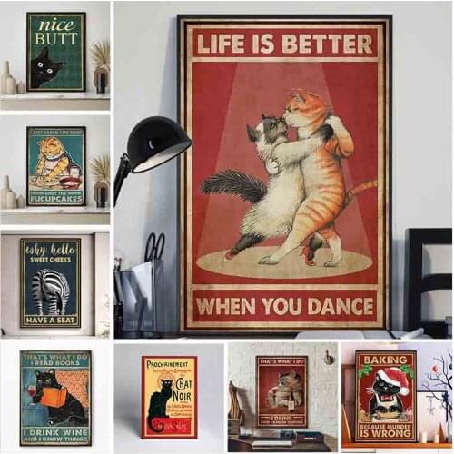 Abstract Retro Animal Cat Wall Art Posters and Prints Inspirational Quotes Life Is Better Canvas Painting Home Decor Living Room