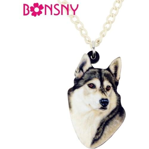 Bonsny Statement Acrylic Novelty Siberian Husky Dog Necklace Pendant Chain Choker Cute Animal Jewelry For Women Girl Ladies Teen