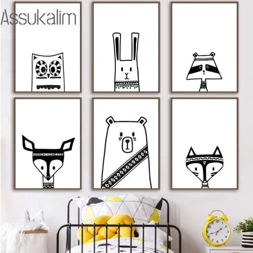 Black And White Cartoon Animals Canvas Painting Fox Owl Poster Nursery Wall Art Print Nordic Wall Pictures For Kids Room Decor