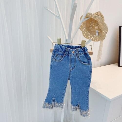2021 Summer Childrens Solid Mesh Pearls Beading Denim Jeans Trousers Girls Casual Pants