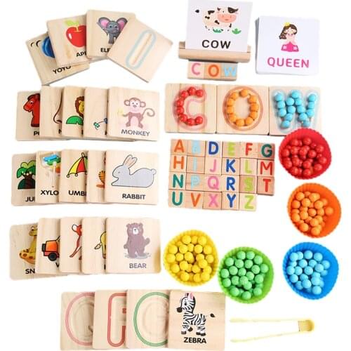Kids Rainbow Clip Beads Board Game Wooden Toys Color Alphabet Animal Matching Game Montessori Education Learning Toys Spell Word