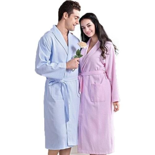 Waffle Cotton bathrobe women nightgown men sleepwear girls home thickening lovers long soft spring summer autumn