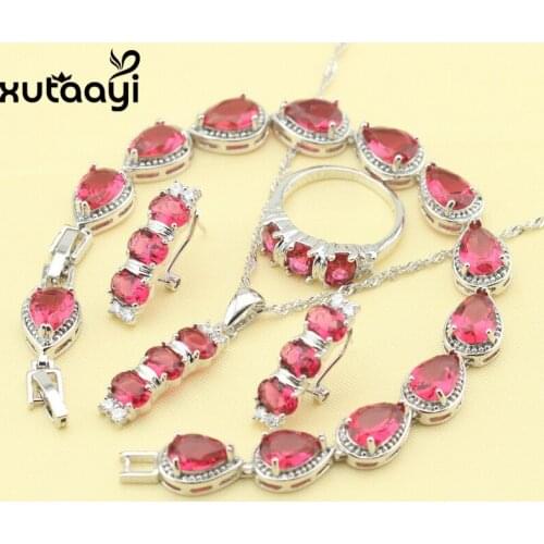 Red Stones New Fashion Silver colorcolor Color Jewelry Sets Graceful Necklace Rings Earrings Bracelet For Women Free Gift