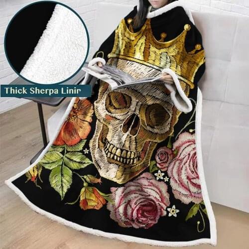Coral Velvet Winter Outdoor Wearable Robe Super Large Warm Cotton Velvet One-piece Blanket with Sleeve Skull Microfiber Blanket